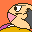 Pixel art contact sheet showing two frames of an animated character with pink cheeks, dark hair, and purple shoes against a gradient orange background.