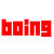 Red pixelated text spelling 'boing' on a white background with faint multicolored noise.
