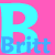 Four quadrants display alternating large 'R' letters and 'Britt' text in cyan, pink, blue, and gray with pixelated edges.
