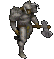 A pixelated armored figure holding a large axe, shown in multiple sequential poses against a solid light gray background.