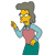 Pixelated character with yellow skin, gray hair, light blue shirt, pink apron, and teal pants holding a golden object.