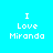 Pixelated text 'I Love Miranda' on cyan background with gradient effects in four quadrants.