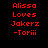 Red pixelated text on black background reads 'Alissa Loves Jakerz -Toriii' in two identical vertical