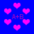 Blue background with scattered pink pixelated hearts and repeated 'A+B' text in purple, some hearts appear to be breaking apart.