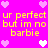 A bright pink pixelated image with yellow text reading 'ur perfect ur perfect but im no barbie' repeated twice, surrounded by pink and white heart icons.