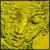 Pixelated yellow-toned image of a face with closed eyes and a branch-like element on the right side, rendered in a low-resolution, blocky style.