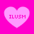 Four pink hearts on a bright pink background, each containing the text ILUSM in pixelated font.