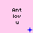 Pixelated text "Antlovu" on pink background with blue animated symbols changing across frames.