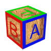 Wooden block-shaped icons with colored borders displaying letters A, B, C, D in various orientations and border colors including green, blue, red, yellow, purple, and pink.