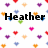 Pixelated icon with 'Heather' text over white background, surrounded by scattered heart and star shapes in purple, red, orange, blue, green, pink.