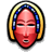 Pixelated static icon of a stylized face with red skin, yellow hair, and blue accents in a circular frame against gray background.