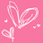 Pixelated pink background with white heart-shaped and curved line elements, including small dots scattered around the composition.