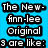 Blue background with black-outlined white text listing three character comparisons: 'The New-finn-lee Original 3 are like:', '1.The Mod Squad (im the girl)', '2.The Harry Potter 3: (im Hermione) (im Hailey)', '3.The 3 from Stick It: (im Hailey)'.