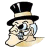 Pixelated static icon of a cartoon character wearing a top hat with a black band, large round glasses, and a light-colored face with visible eyes and mouth.