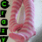 A pink and white striped candy cane-shaped object with green text on the left side, transitioning to purple text in one frame.