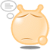 Four identical cartoonish orange creatures with closed eyes and downturned mouths, each holding a thought bubble containing different symbols.