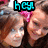 A pixelated image of a person with brown hair and a pink bow, showing text changes across four
