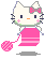 Pixelated white cat with pink bow, orange nose, and pink cheeks holding pink yarn ball, wearing pink striped dress with green collar.