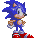 Pixelated blue hedgehog character with red shoes and white gloves in multiple poses against gray background.