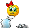 Yellow cartoon face with red bow, green eyes, and worried expression holding blue object over stack of papers on gray background.