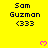 Yellow background with black text 'Sam Guzman <333' repeated in a , pink pixelated hearts appear and disappear across frames