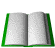 Animated sequence of an open book with green borders, pages flipping through various states of closure and opening.