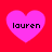 Four pink hearts on a red background, each containing the text 'lauren' in black pixelated font.