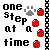 Pixelated text reads 'one step at a time' with four red ladybug icons and one gray paw print on white background.