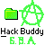 _Hack Buddy_ text in white with _S.B.A._ below it, green folder icon and cyan pentagram symbol on gray background.