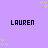A static image with a light purple background displaying multiple variations of the name 'LAUREN' in pixelated text and small colorful abstract shapes scattered throughout.