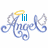 Pixelated blue script text 'Angel' with a yellow halo above the 'A', three vertical blue bars to the right of the 'A', and a gray heart shape to the right of the 'g'.