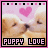 A 4-frame animated contact sheet showing puppies kissing with a pink heart above them and "PUPPY LOVE" text below, all within a filmstrip border.