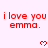 Red pixelated text 'i love you emma.' repeated across a light pink background with red heart symbols between