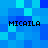 Four instances of the text 'MICAILA' appear on a blue pixelated background with varying shades of blue squares.