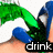 Animated icon shows green and blue limbs with white eyes, transitioning from 'drink' text to 'up.' on a light background.