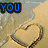 A four- beach scene with heart-shaped sand drawings and blue text reading YOU, BELONG, WITH, ME<3