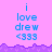 Pixelated text on pink background with purple border, showing "i love drew <333" in blue letters
