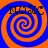 Four identical spiral patterns with orange and blue colors, each containing the word "MUSIC" in black text at the top.