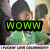A child in a green shirt appears with overlaid text reading "WOWWW" and later "I EFFING LOVE COLORING" against a blurred background.