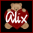 Pixelated static icon of a light brown teddy bear holding a large red heart with white text, set against a black background with a thin red border.
