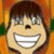 Pixelated cartoon-style face with brown hair, wide eyes, and a large open-mouthed smile showing white teeth against an orange-brown background.