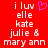 Red background with white pixelated text reading 'i luv elle kate julie & mary ann' and a purple heart symbol in the top-right corner.