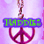 A pixelated peace symbol icon with a rainbow gradient background and green text on purple bars.