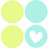 Four circular icons arranged in a 2x2 grid, two solid yellow and two cyan with one featuring a white heart cutout.