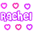 Pixelated graphic with repeating 'Rachel' text and heart symbols in pink/purple hues on white background.