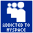 Blue square icon with white pixelated figure and text 'ADDICTED TO MYSPACE' in white, featuring animated blue text glow effects.