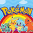Pixelated image with yellow background, blue text, and Pokémon characters under a rainbow.