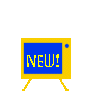 Six yellow-framed monitors with blue knobs on gray background; one monitor displays 'NEW!' text, others show solid colors or black screen.