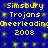 Blue background with yellow pixelated text reading "Simsbury Trojans Cheerleading 2008" repeated twice horizontally and vertically, surrounded by small yellow square pixels.
