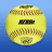 A yellow softball with red stitching and black text on a blue gradient background, accompanied by pixelated text elements.